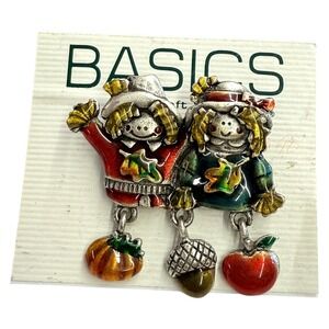 Vintage Fall Scarecrow Pin Brooch Pumpkin Acorn Apple‎ Autumn Enamel Costume